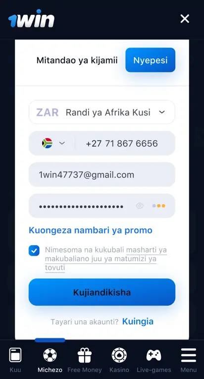 Registrasie in die 1Win mobiele toepassing